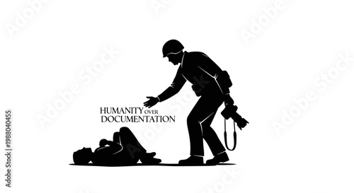 Soldier offering help to injured person, war photographer documents humanitarian gesture, silhouette, white background
