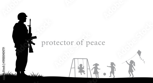 Silhouette soldier with rifle guarding children playing in park, concept of protection and peace
