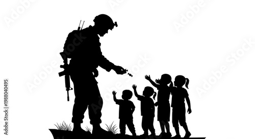Soldier silhouette handing candy to a line of children, symbolizing hope and peace in conflict zones.