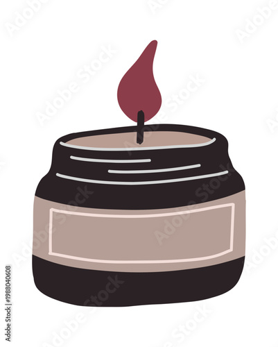 Minimal flat vector illustration of a scented candle in a jar with a soft flame, designed in a cozy hygge style, perfect for home decor, wellness, spa, and relaxation themed projects. Vector