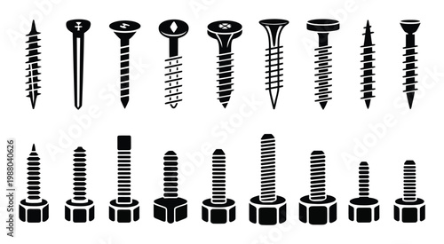 Collection of Black and White of Screws and Bolts