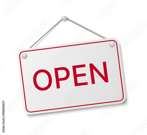 Open signboard with hanging rope isolated on transparent background, business door sign for shop, store, cafe, restaurant, retail service status notification design. Vector illustration