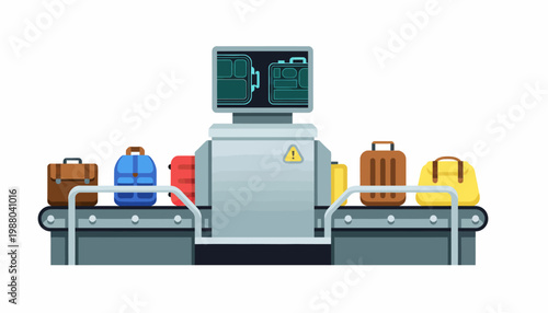 Airport luggage scanner with various suitcases on conveyor belt