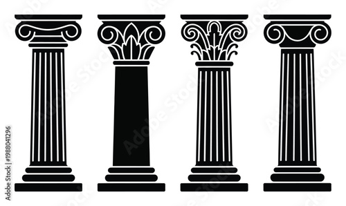 Four Black Silhouette Classical Columns with Different Capitals