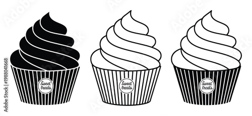 Three Stylized Cupcakes: One Black, Two White with "Sweet Treats" Label