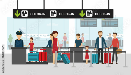 Illustration of a family checking in at an airport with a flight attendant