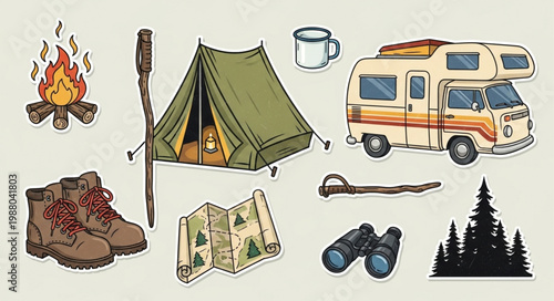Camping and outdoor adventure equipment illustration.