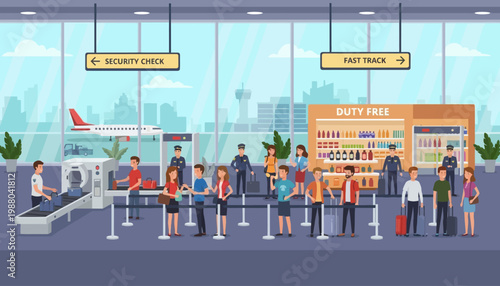 Illustration of travelers waiting in line at an airport security checkpoint with a plane and city skyline in the background.