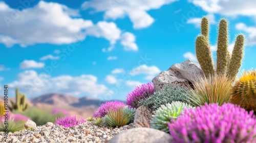 Colorful desert plants and rocks scattered across a vibrant, arid landscape under a bright sky.