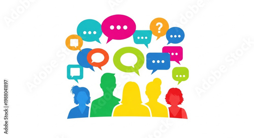 Colorful Speech Bubbles Above Diverse Group of People Silhouettes.