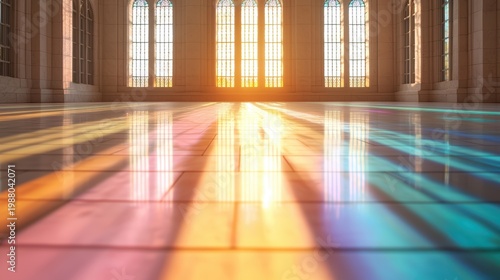 Colorful reflection of stained glass windows on the floor, casting a radiant glow through the room.