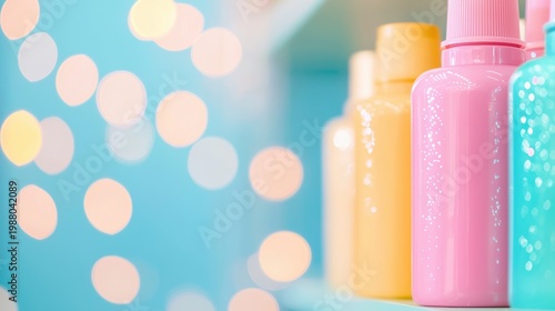 Colorful product labels on a shelf of beauty products, standing out with bright and inviting colors.