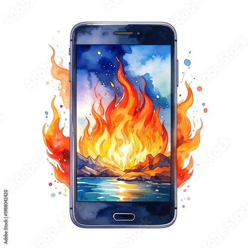 A smartphone displays a vibrant fire scene on its screen