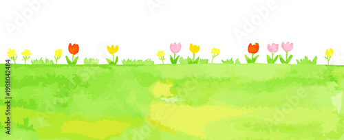 花と野原、春の風景、水彩イラスト