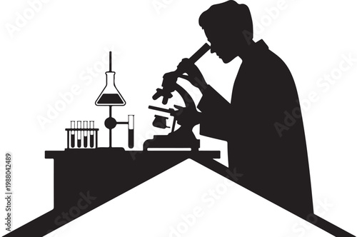 Scientist Using Microscope in Laboratory Silhouette for Science Research