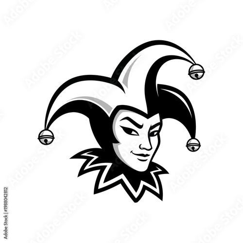 Jester Hat Icon, Joker Face, Medieval Costume, Black and White Vector