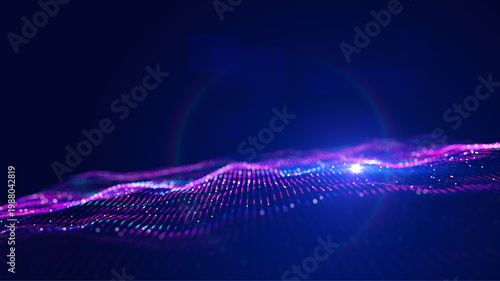 Futuristic blue wave formed by glowing particles grid and smooth flowing lines on dark background, represent big data visualization, artificial intelligence, data processing digital technology concept