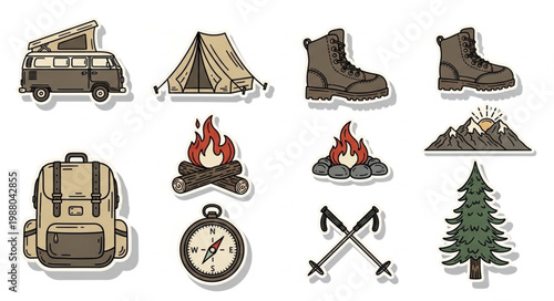Camping and Hiking Gear Collection Icons.