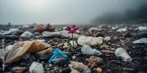 a single purple flower blooming amidst plastic waste and litter on a foggy beach