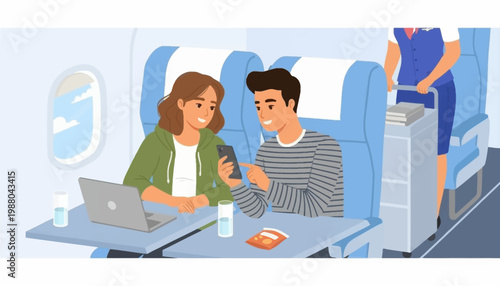 Illustration of a couple on a plane using devices at their seat with a flight attendant nearby