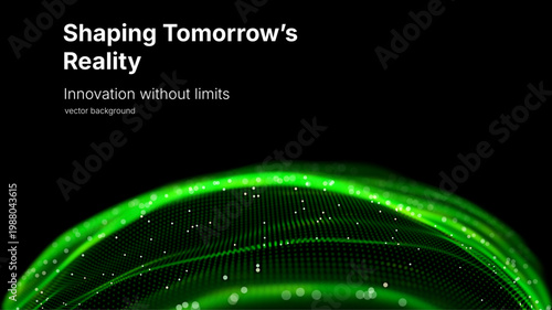 Futuristic green wave vector background with glowing particles and grid. Big data visualization, AI concept, data processing. Perfect for cybersecurity, blockchain tech presentation. Neon digital flow