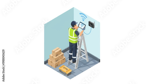 Isometric illustration of a worker installing a security camera on a ladder in a room with stacked boxes