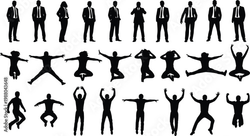 people, silhouette, jumping, poses, action, movement, business, casual, gesture, body, collection, set, human, figure, black, isolated, background, dynamic, energy, concept