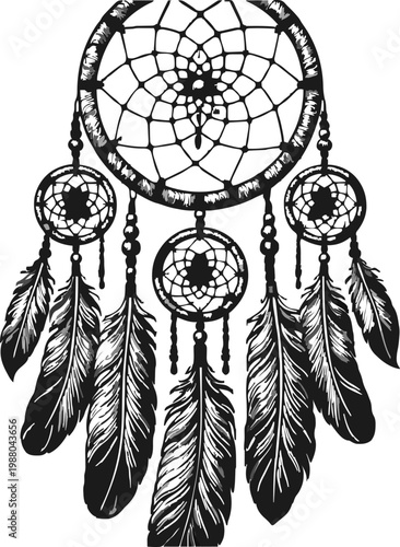 A detailed sketch of a dream catcher featuring a central hoop with a web pattern and several smaller hoops, adorned with long, textured feathers. Symbol of protection and indigenous culture.