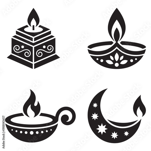 Black and white Diwali lamp icons.