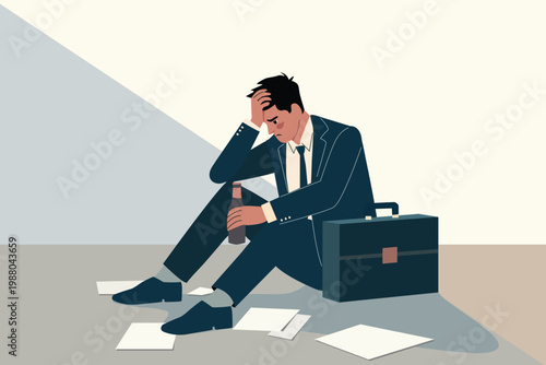 stress and failure  concept, frustrated angry business man woman sitting on floor, mix feeling of fear, depression, rejection, frustration, unhappy.  vector cartoon character
