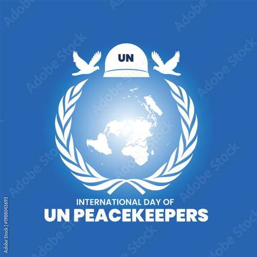 International day of un peacekeepers poster with doves and helmet