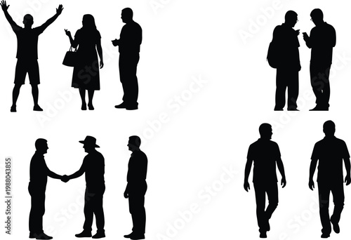 people, silhouettes, group, interaction, communication, teamwork, business, friends, standing, walking, handshake, conversation