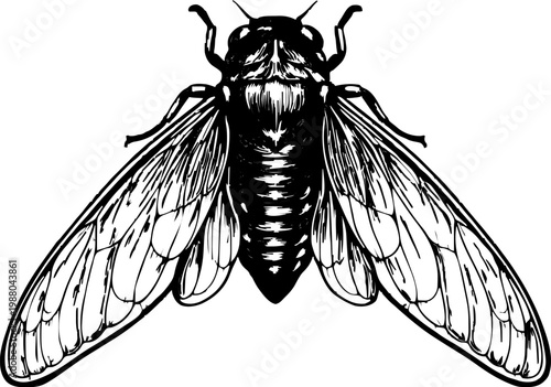 Isolated cicada insect in detailed line art, graphic illustration, entomology subject with intricate wings and body