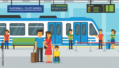 Cartoon family waiting at a train station platform with a city express train