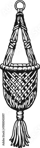 A black and white illustration of an isolated macrame plant hanger. It features a detailed woven basket section and a decorative tassel at the bottom, suspended by a rope loop at the top.