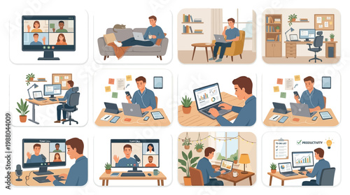10 Man Working From Home Illustration Pack – Remote Work & Productivity Vector Collection