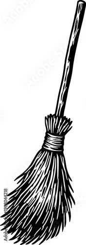 Vintage broom icon, simple line art illustration of a cleaning tool, witch's broomstick, traditional household item, black and white graphic