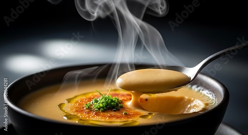 Steaming hot vegetable soup served in a black ceramic bowl with a spoon lifting broth. cremesuppe