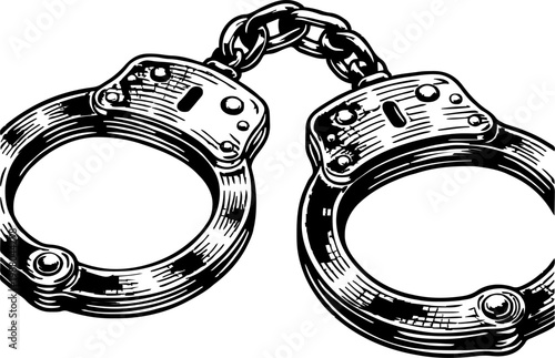 A vintage engraved illustration of handcuffs, presented as an icon. This black and white graphic symbolizes justice, crime, law enforcement, and security. Isolated on a white background.