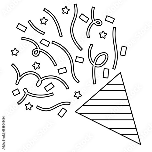 Outline of party popper with confetti. Different firecrackers, exploding paper cones and cylinders. Cartoon emoji of birthday confetti explosion. Line art style.