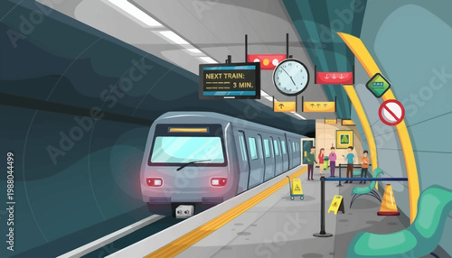 Digital illustration of a train arriving at a modern subway station with a clock and signs on the platform.