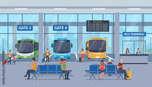 Illustration of people waiting at a bus terminal with colorful buses and benches in a modern architectural setting.