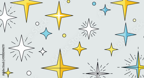 Sparkling Star Pattern Background - Yellow, Blue, White Stars on Grey