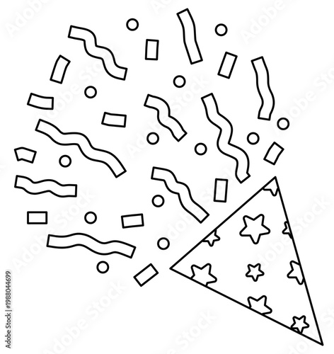 Outline of party popper with confetti. Different firecrackers, exploding paper cones and cylinders. Cartoon emoji of birthday confetti explosion. Line art style.