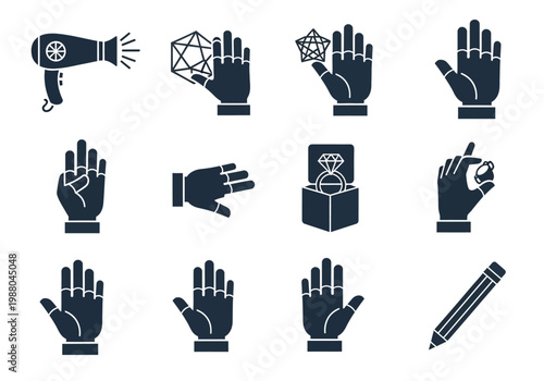 Set of 12 Black Minimalist Vector Icons Featuring Hand Gestures, Jewelry, Hair Dryer, and Pencil