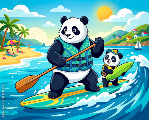 Sweet panda family moment surfing in the ocean, bright colors and a fun, beautiful cartoon style.
