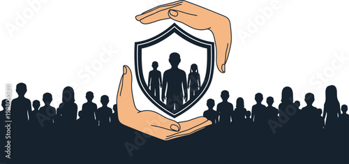 Protective human hands holding a shield icon around children to symbolize safety security insurance care and welfare for young people