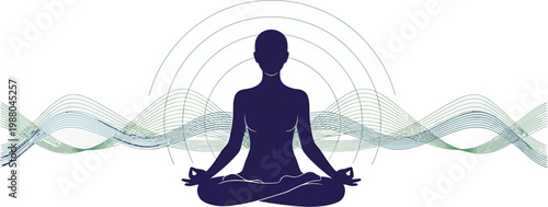 Silhouette of a person sitting in the lotus position meditating while surrounded by peaceful flowing waves of soft energy lines