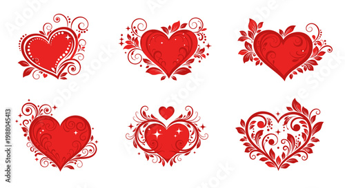Decorative red hearts with floral and swirl motifs for romantic themes