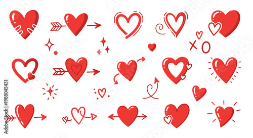 Collection of red hearts with arrows and decorative elements symbolizing love and romance
